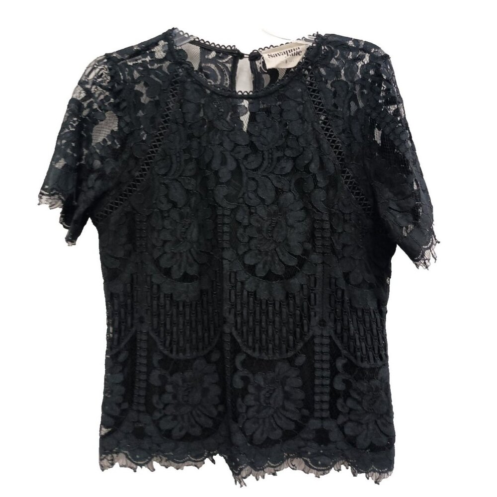 Savanna Jane Womens Fairy Whimsygoth Blouse Top Small Black Lace Short Sleeves